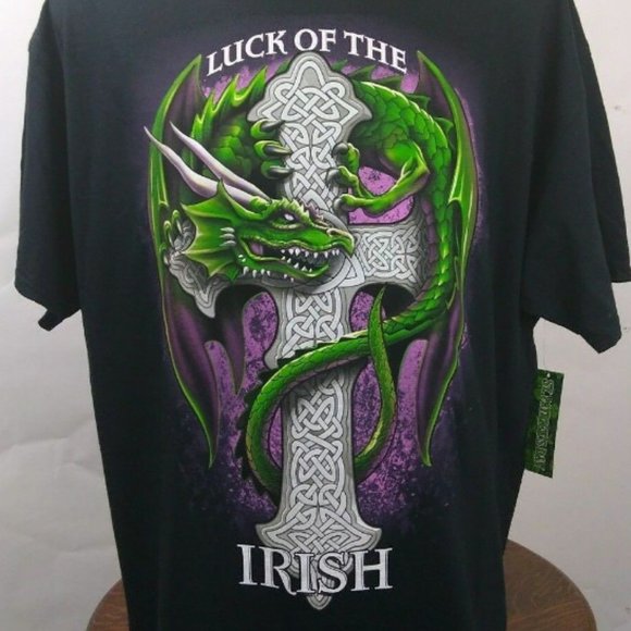 Irish Dragon Cross Black T-Shirt Side S - Picture 2 of 16